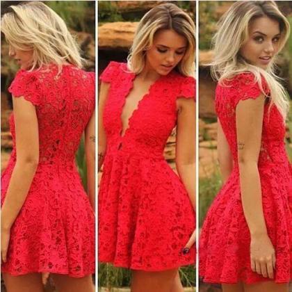 Red Lace/satin Homecoming Dresses Capped Sleeves..