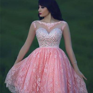 Pink Lace/satin Homecoming Dresses Cap Sleeve..