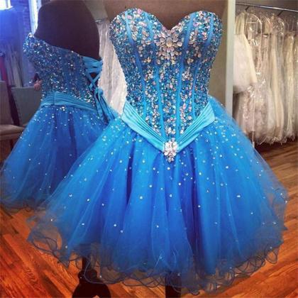Blue Tulle Homecoming Dresses Sleeveless Aline..