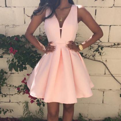 Pink Matte Satin Homecoming Dresses Sleeveless A..