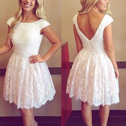 White Homecoming Dresses Capped Sleeves A Line..