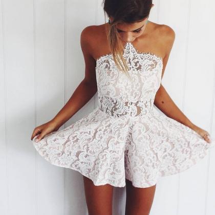 White Lace/satin Homecoming Dresses Sleeveless A..