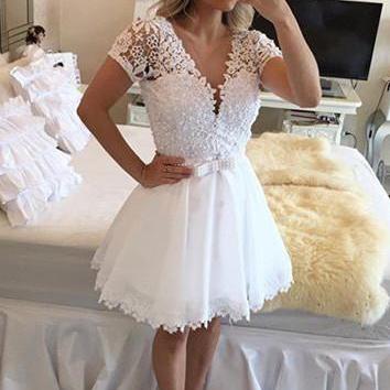 White Lace/satin Homecoming Dresses Short Sleeve..