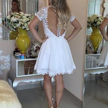 White Lace/satin Homecoming Dresses Short Sleeve..