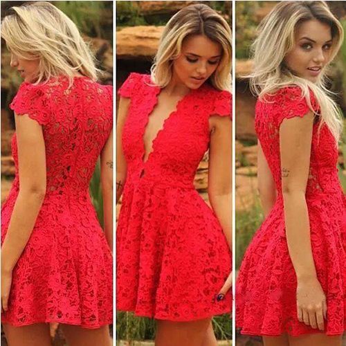 Red Lace/satin Homecoming Dresses Capped Sleeves Aline V Neck Zipper-up Above Knee Lace
