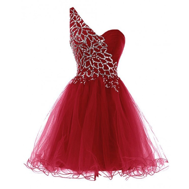 Red Tulle Homecoming Dresses Sleeveless Ball-gown One Sleeve Laced Up Knee-length Beadings