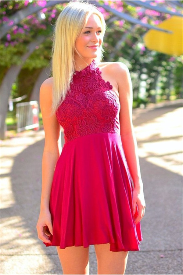 Dark Red Chiffon Homecoming Dresses Sleeveless A Line Haltered Zippers Above Knee Lace