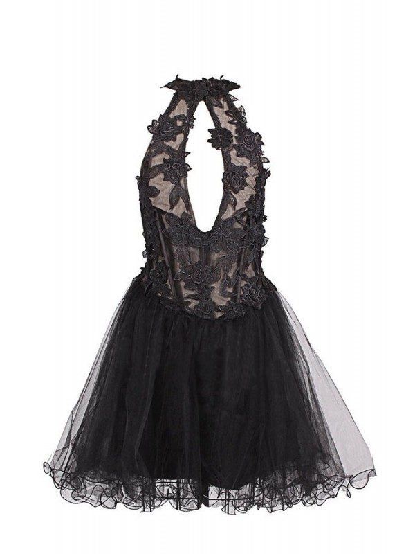 Black Homecoming Dresses Sleeveless A Line Haltered Hollow Above-knee Lace