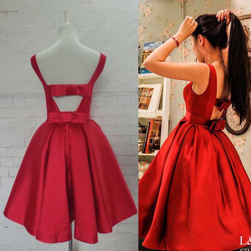 Red Matte Satin Homecoming Dresses Sleeveless A Lines Bateau Zippers Knee Length Bow On Luulla