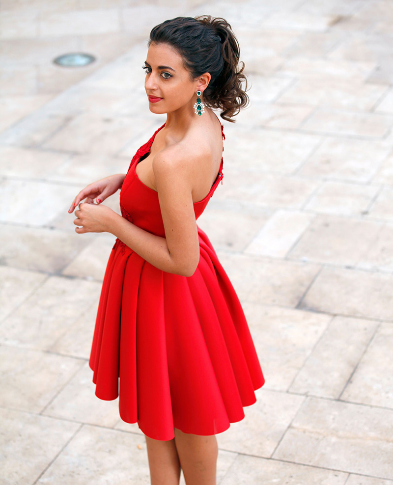 Red Matte Satin Homecoming Dresses Sleeveless Aline One Sleeve Zipper-up Above Knee Applique