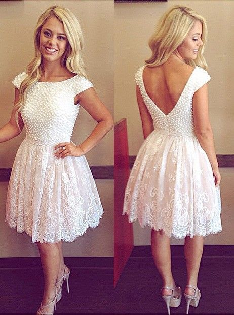 White Homecoming Dresses Capped Sleeves A Line O-neck Sheer Back Mini Flowers