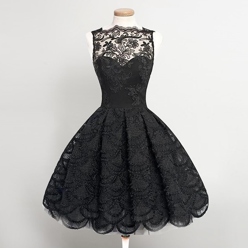 Black Lace/satin Homecoming Dresses Sleeveless A Lines Bateau Zipper-up Knee-length Applique