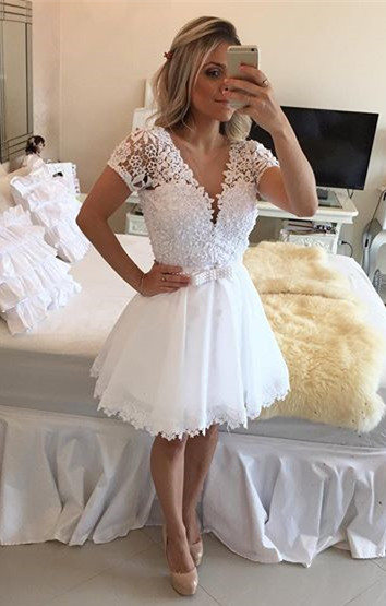 White Lace/satin Homecoming Dresses Short Sleeve A-line/column V Neck Zippers Short Lace