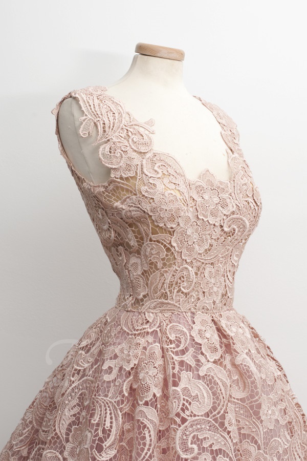 Pearl Pink Lace/satin Homecoming Dresses Sleeveless A Line Notched Zipper-up Short Lace