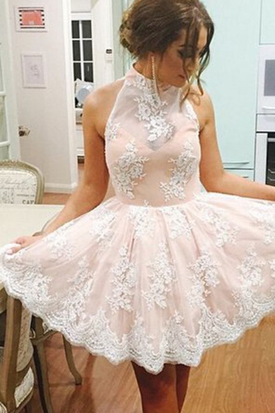 Rose Pink Homecoming Dresses Sleeveless A Lines Haltered Zipper-up Short Lace