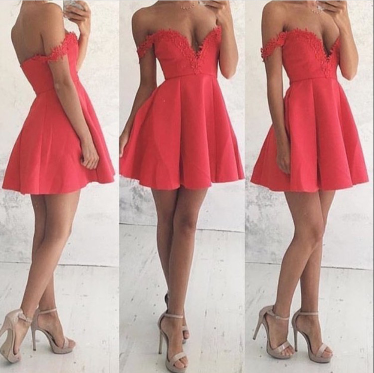 Red Homecoming Dresses Off Shoulder A Line Off The Shoulder Open Back Short Lace