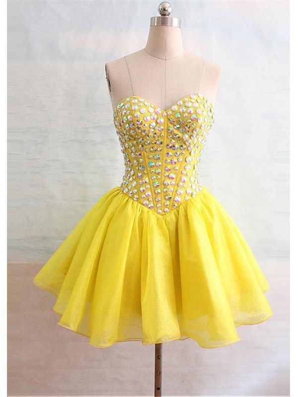 Yellow Homecoming Dresses Sleeveless A Lines Sweetheart Neckline Lace-up Above Knee Beaded