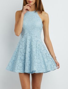 Light Blue Lace/satin Homecoming Dresses Sleeveless Split Haltered Zippers Above-knee Lace