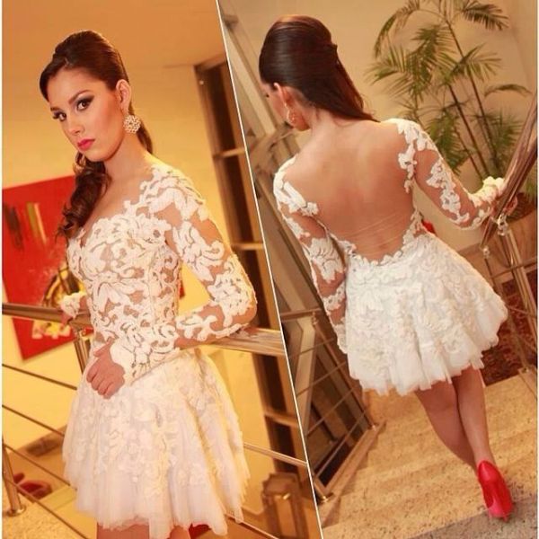 White Lace/satin Homecoming Dresses Long Sleeve A-line/princess V-neck Scoop Hollow Mini Applique