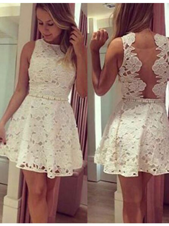 White Lace/satin Homecoming Dresses Sleeveless A-line/column Bateau Zippers Above Knee Pearl Detailing